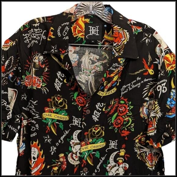 New ED HARDY AOP Black Flashboard Camp Button Up Shirt Skull Lion Tattoo Men M - Picture 7 of 9